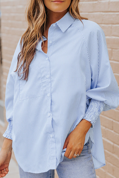 Black Striped Casual Shirred Cuffs Shirt