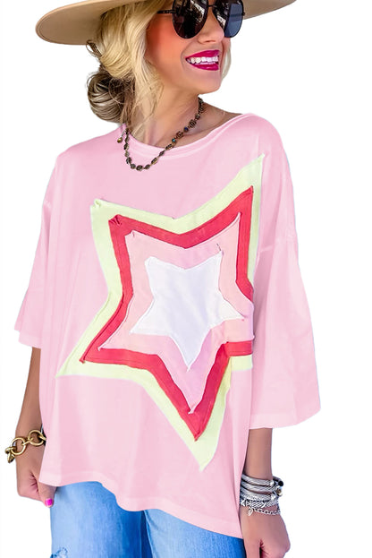 White Colorblock Star Patched Half Sleeve Oversized Tee