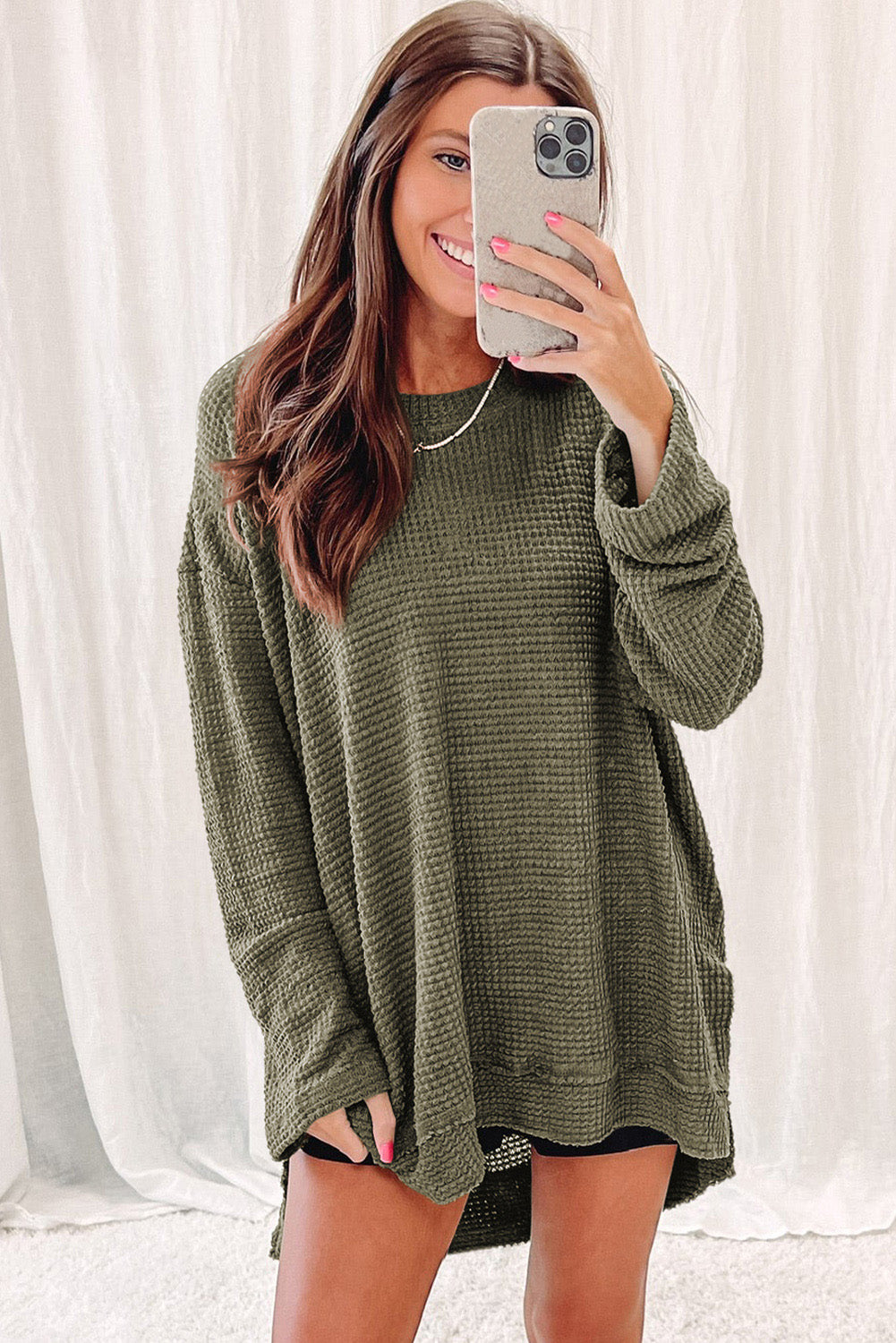 Waffle Knit Drop Sleeve High Slits Oversized Top