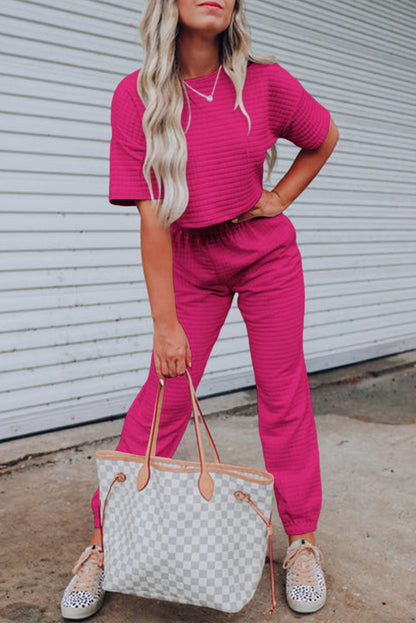 Rose Red Textured Cropped Tee and Jogger Pants Set