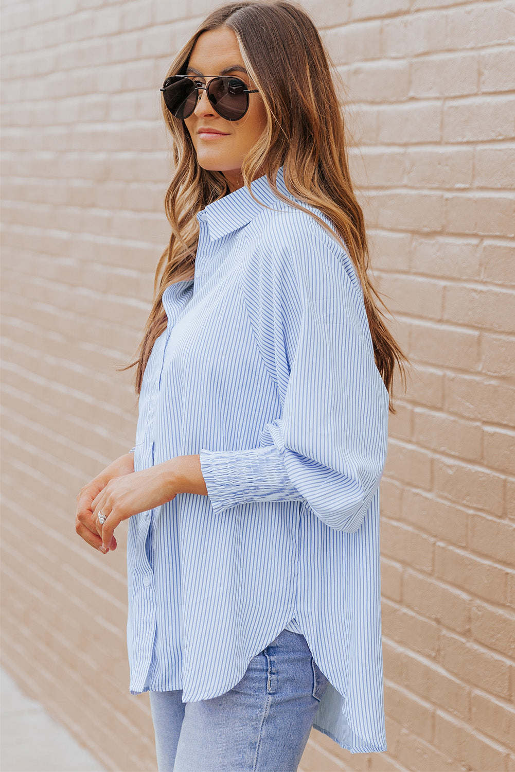 Black Striped Casual Shirred Cuffs Shirt