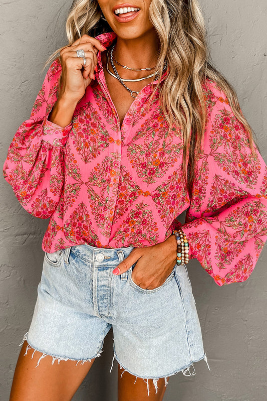 Camisa de manga abullonada floral estética rosa fresa