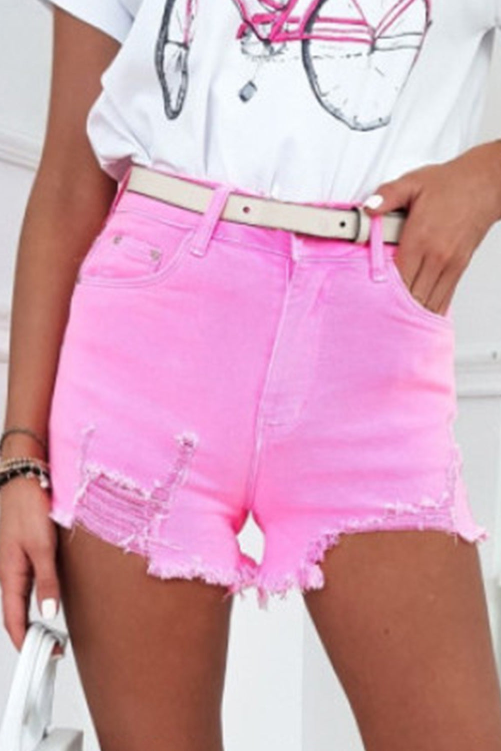 Black Solid Color Distressed Denim Shorts