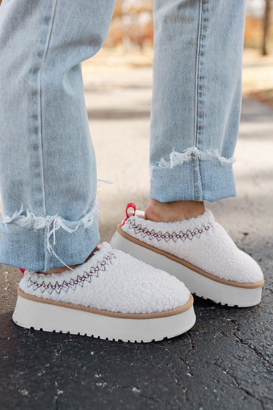 White Suede Contrast Print Plush Platform Snow Boots