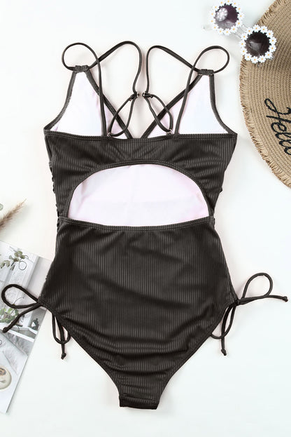 Black Adjustable Straps Ribbed Knit Backless One Piece Swimsuit