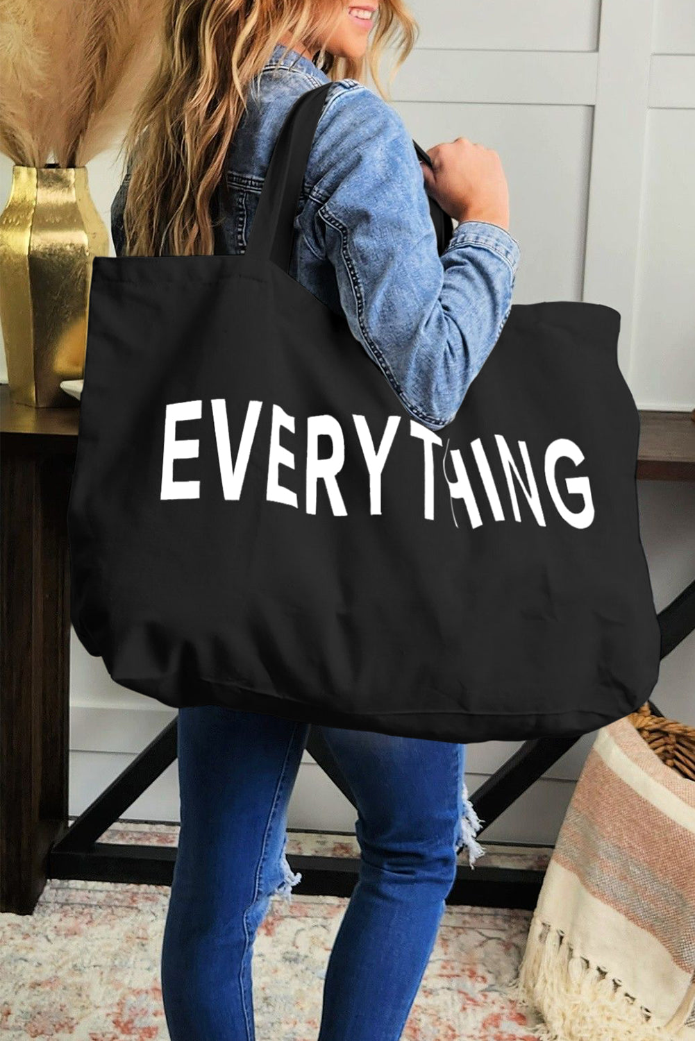 Negro 73*17*44cm EVERYTHING Bolso tote de lona grande con estampado de letras