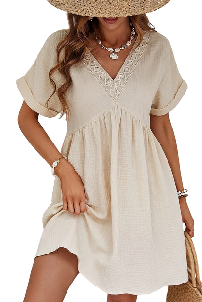 Beige Lace V Neck Mini Dress