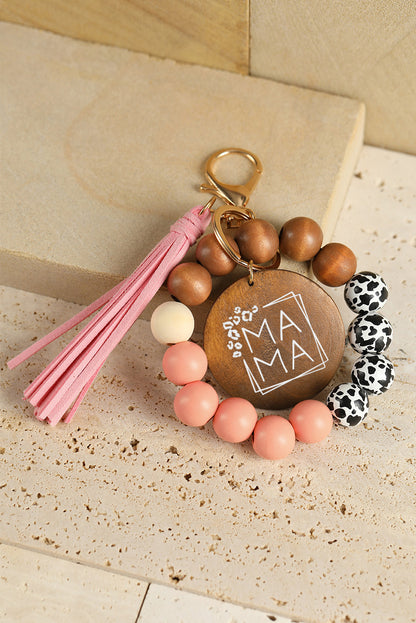 Pink Mama Leopard Wood Beads Fringe Bracelet Keychain