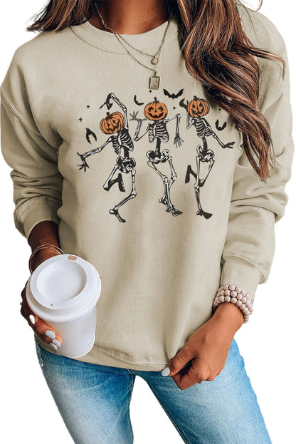 Khaki Skeleton Pumpkin Graphic Pullover Sweatshirt