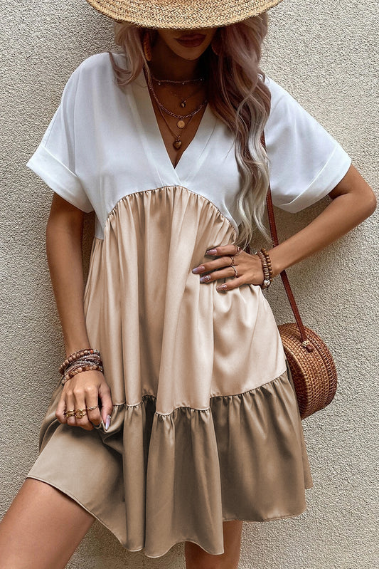 Light Beige Tiered Colorblock V Neck Loose Short Dress