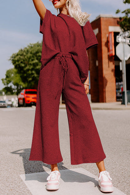 Navy Blue Textured Loose Fit T Shirt and Drawstring Pants Set