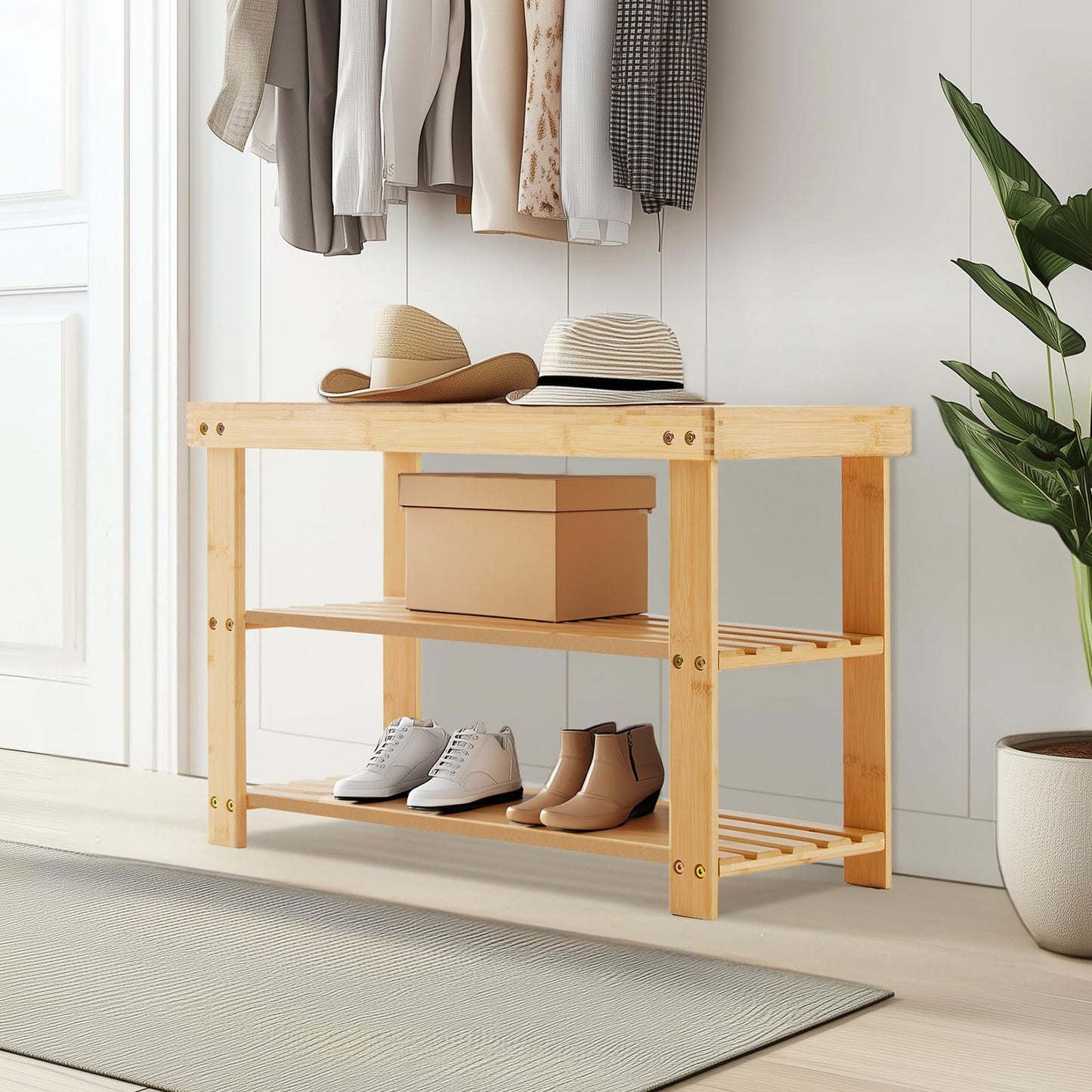 Natural 3-Tier Bamboo Shoe Rack Bench