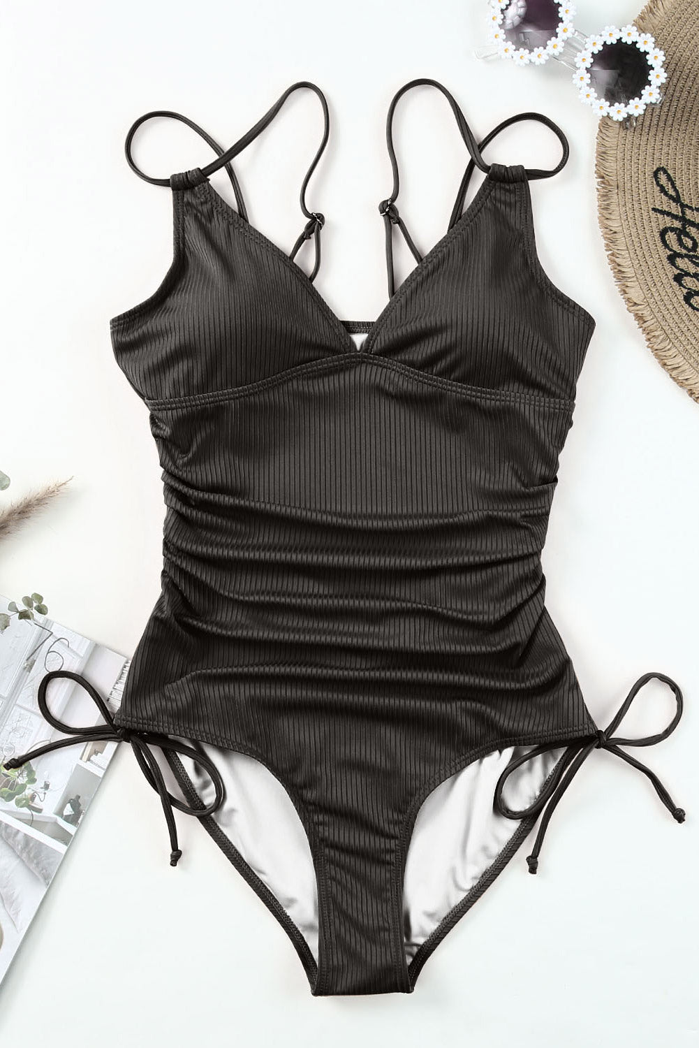 Black Adjustable Straps Ribbed Knit Backless One Piece Swimsuit