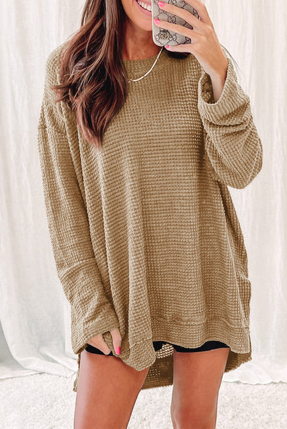 Waffle Knit Drop Sleeve High Slits Oversized Top