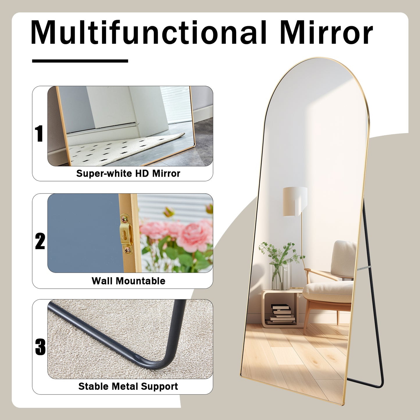 Metal Framed Arched Floor Standing Full-Length Mirror