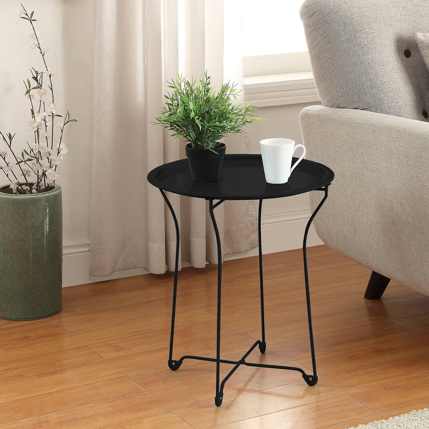 Black Round Metal Tray End Table