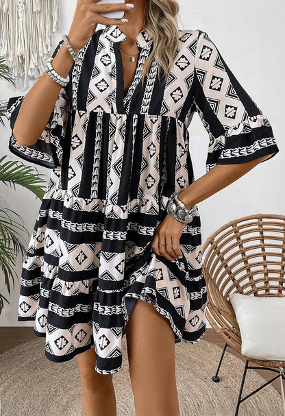 Black Abstract V Neck Boho Dress