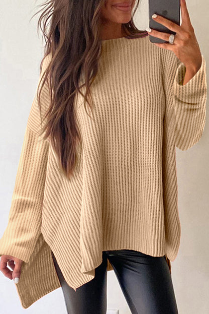 Apricot Cable Knit Drop Shoulder Side Slits Loose Sweater