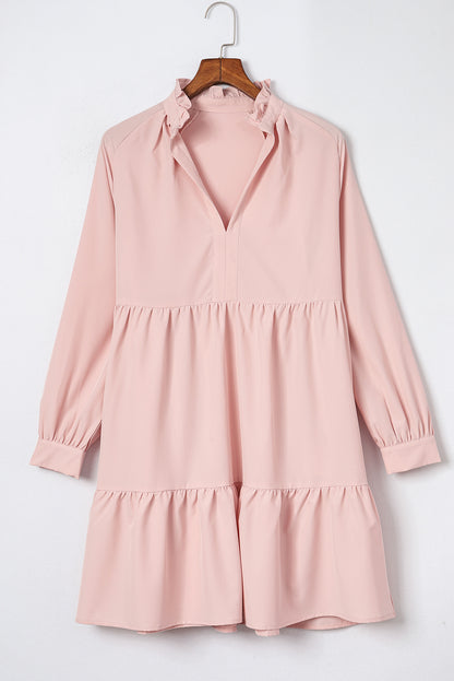 Pink Elegant Stand V Neck Short Frill Dress