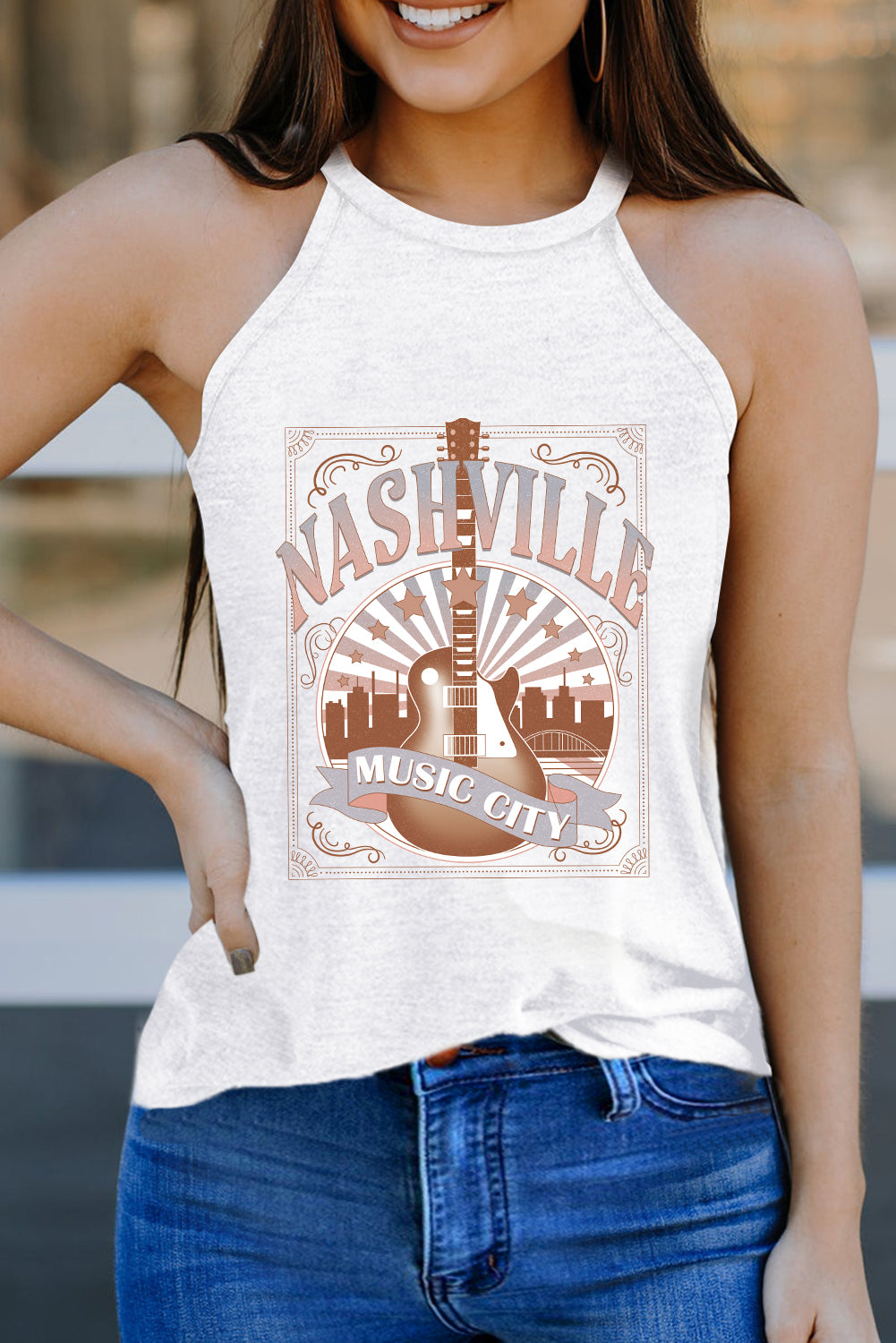 White NASHVILLE MUSIC CITY Guitar Graphic Tank Top