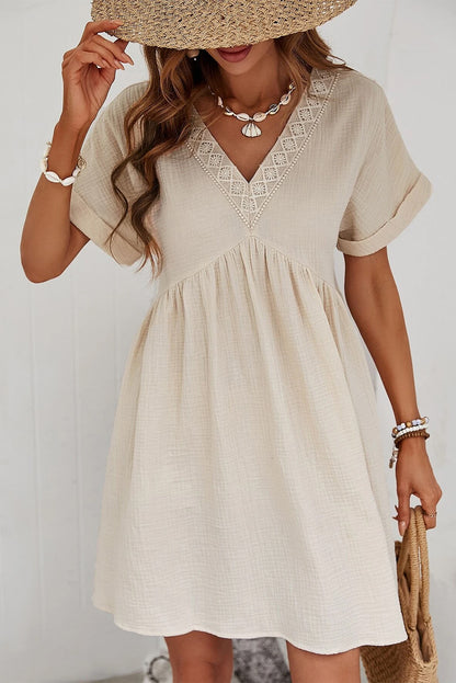 Beige Lace V Neck Mini Dress