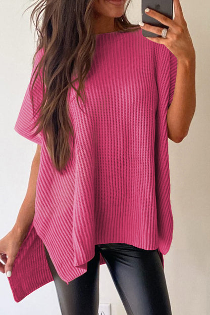 Rose Red Side Slit Short Sleeve Oversized Sweater