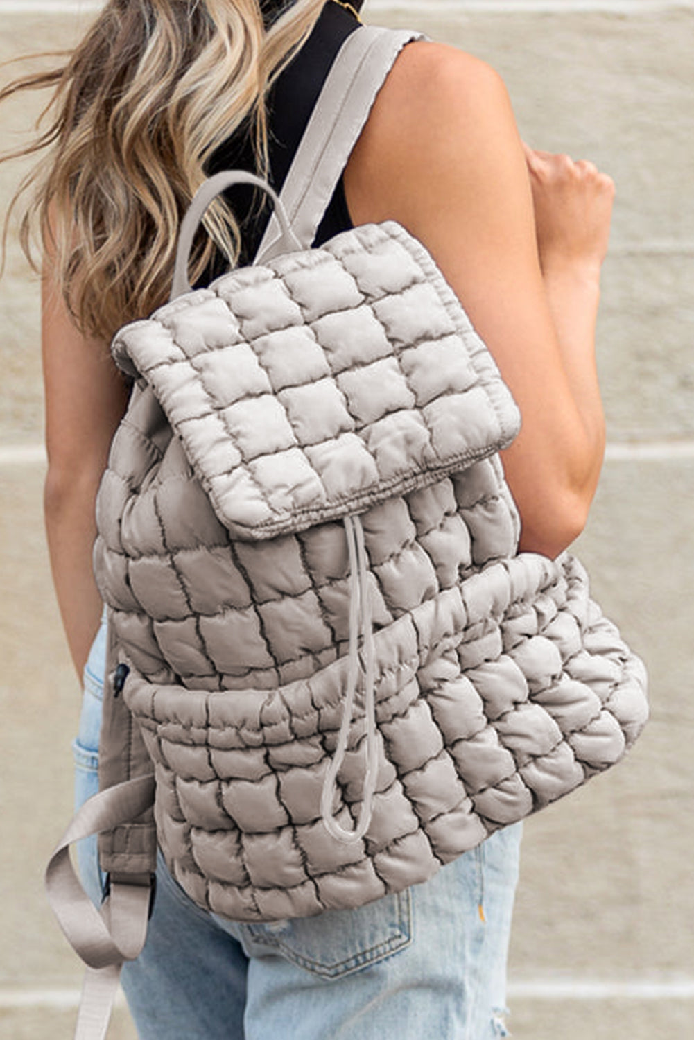 Medium Grey Solid Flapped Quilted Puffer Backpack