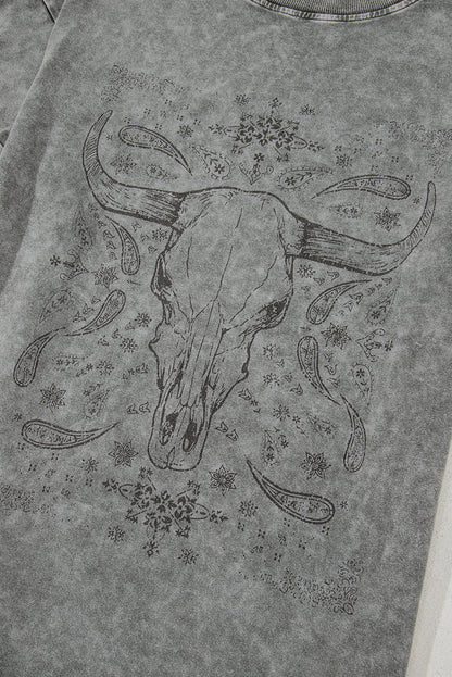 Light Grey Western Steer Head Tie Dye Print Crew Neck T Shirt