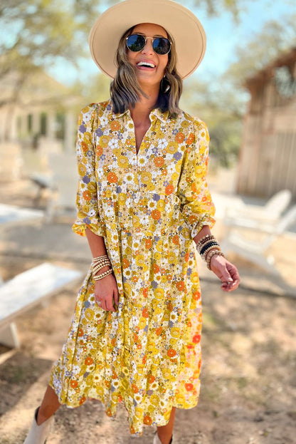 Vestido de manga larga con cuello floral bohemio multicolor