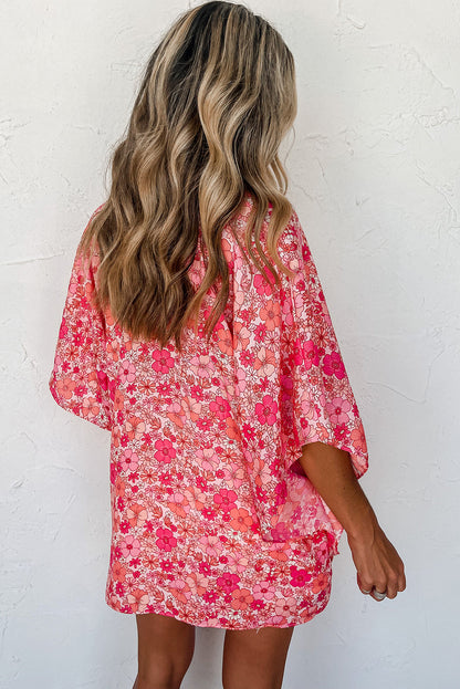 Blusa extragrande con cuello en V y estampado floral bohemio rosa