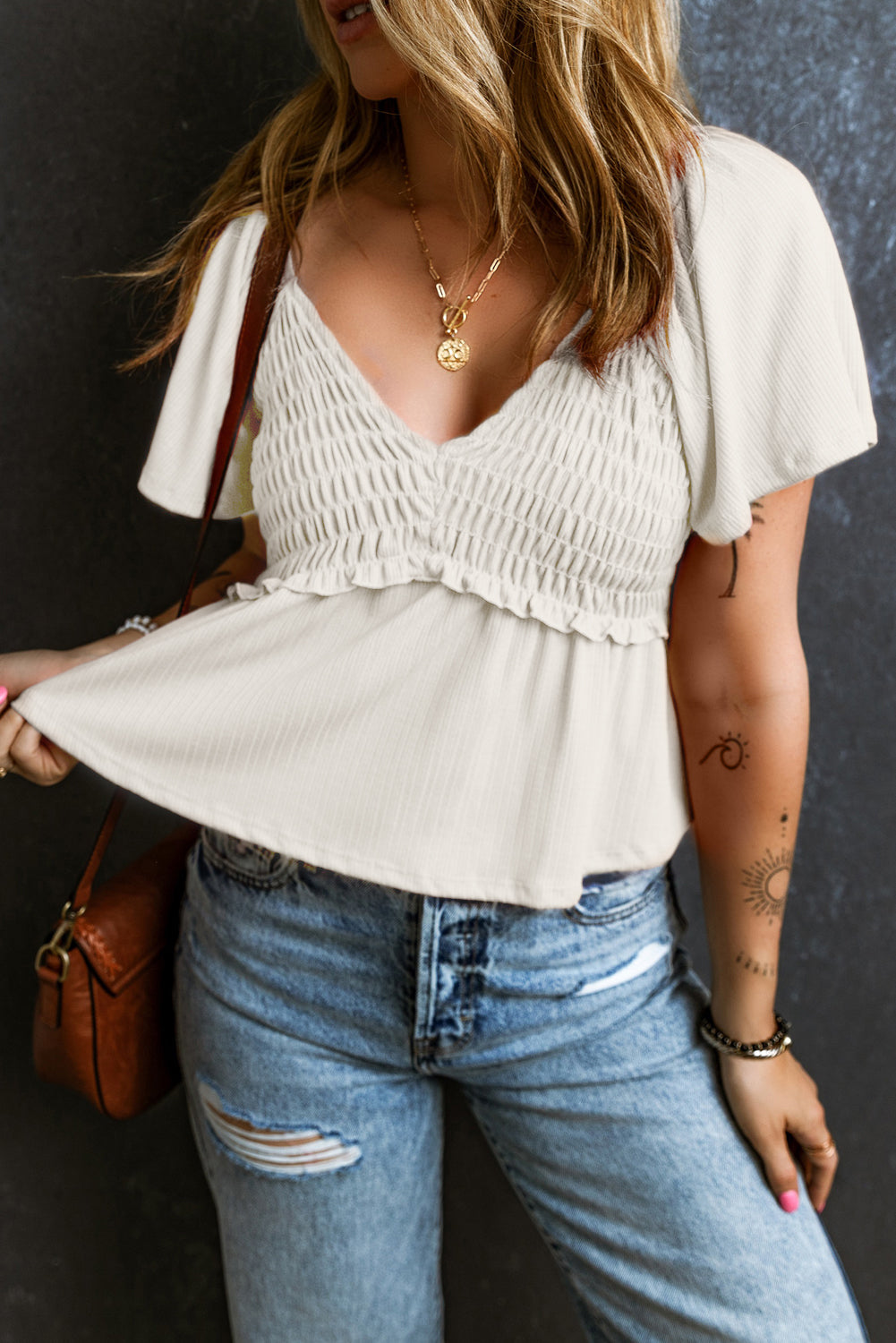 Oatmeal Shirred V Neck Short Flutter Sleeve Textured Blouse