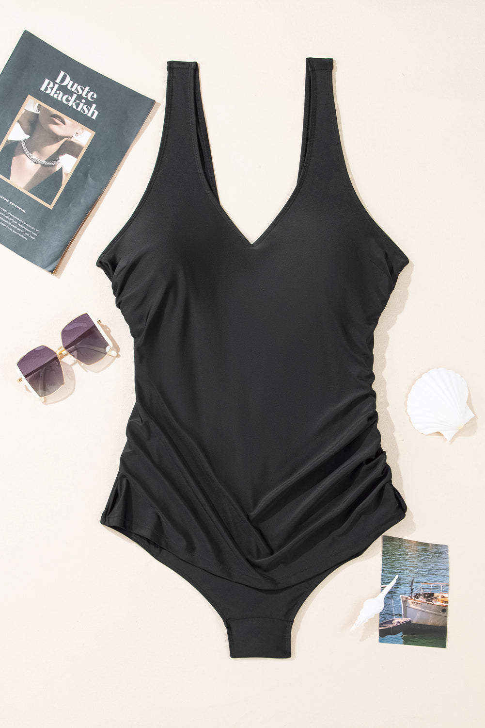 Black Solid Color U Neck Padded Plus Size One Piece Swimsuit