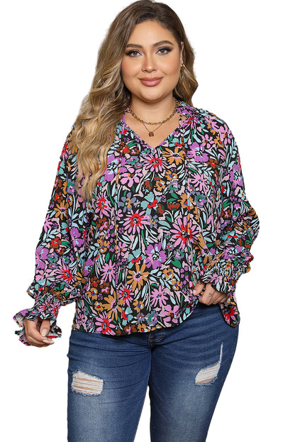 Blusa con cuello en V y puños fruncidos florales de talla grande multicolor