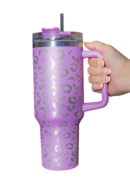 Taza de vaso con aislamiento doble, acero inoxidable, manchado de leopardo, rosa 304, con asa