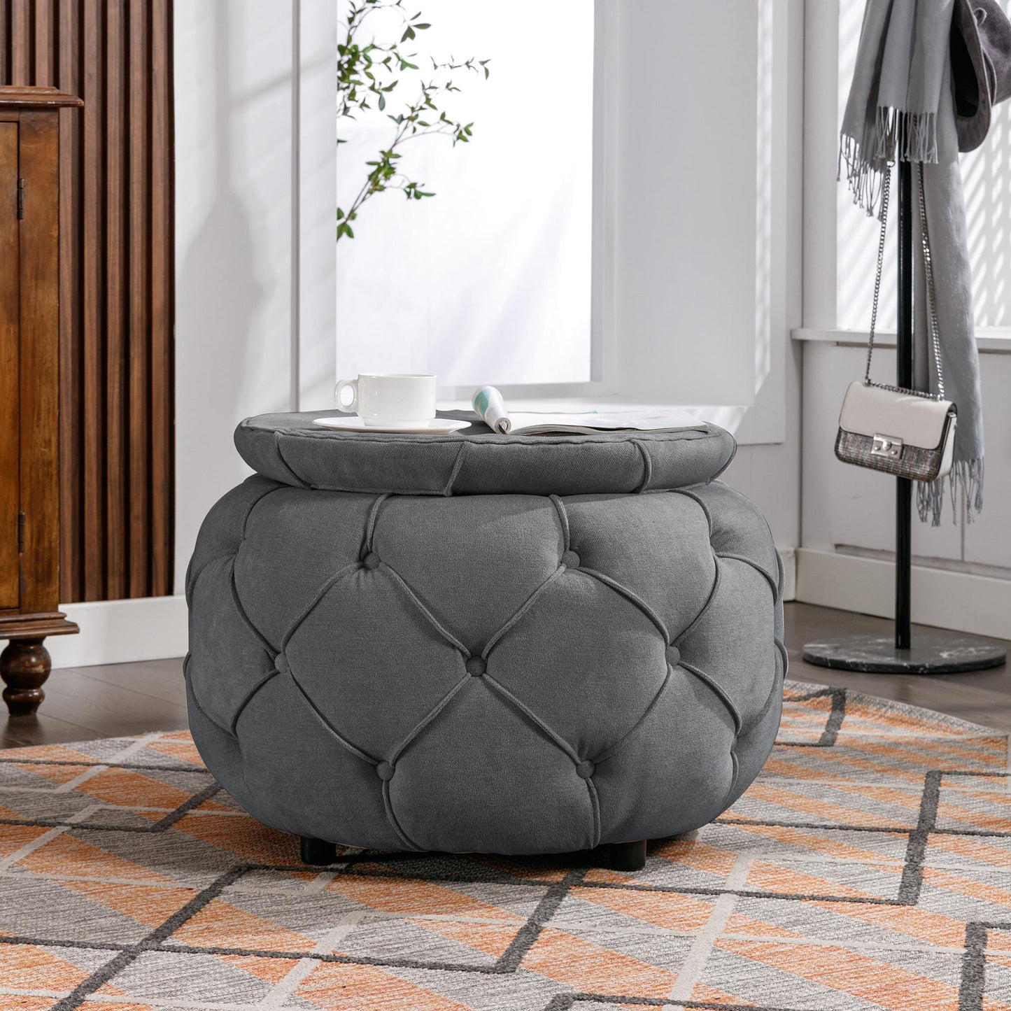 Grey Large Button Tufted Woven Round Storage Footstool