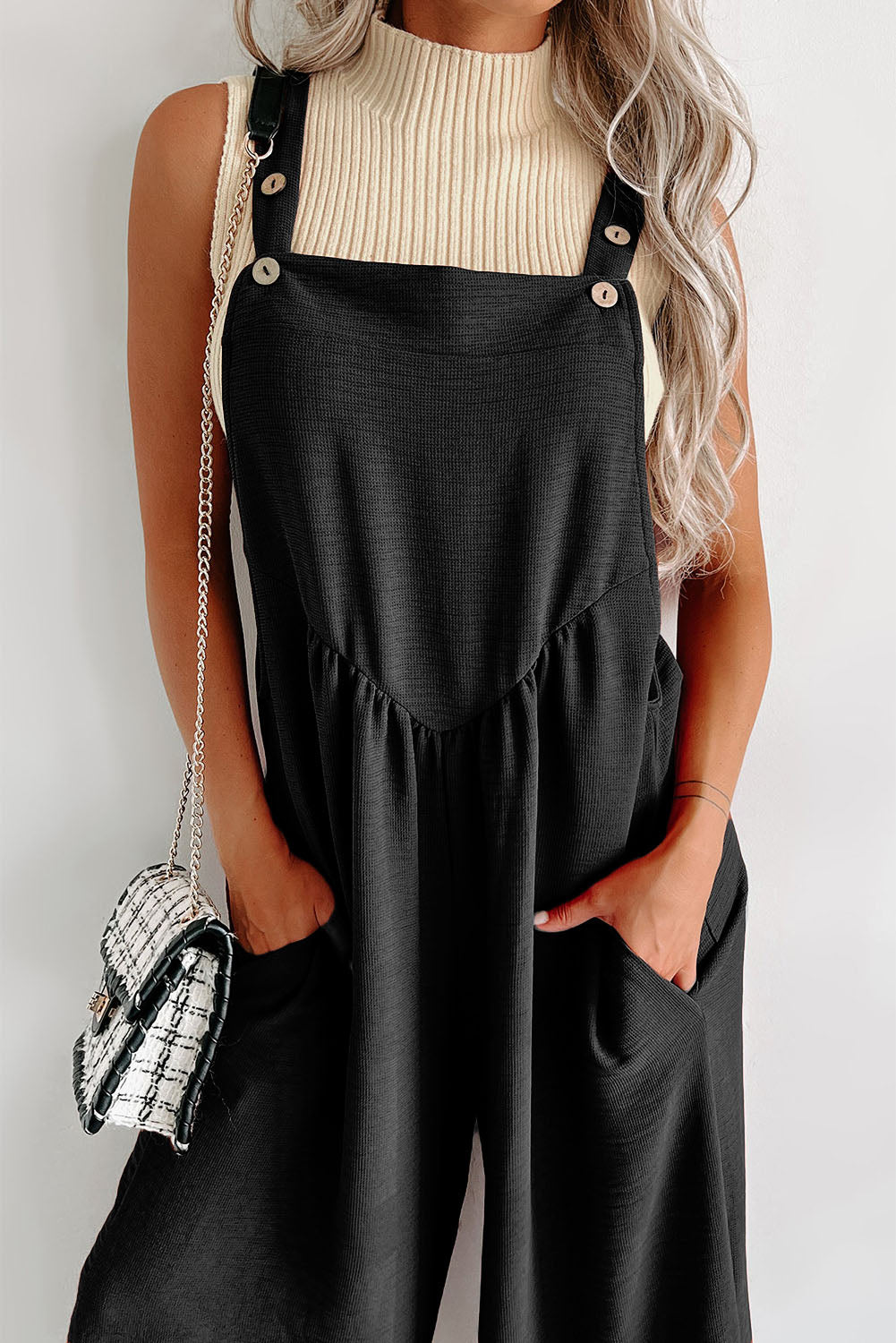 Black Textured Adjustable Straps Ruched Wide Leg Jumpsuit