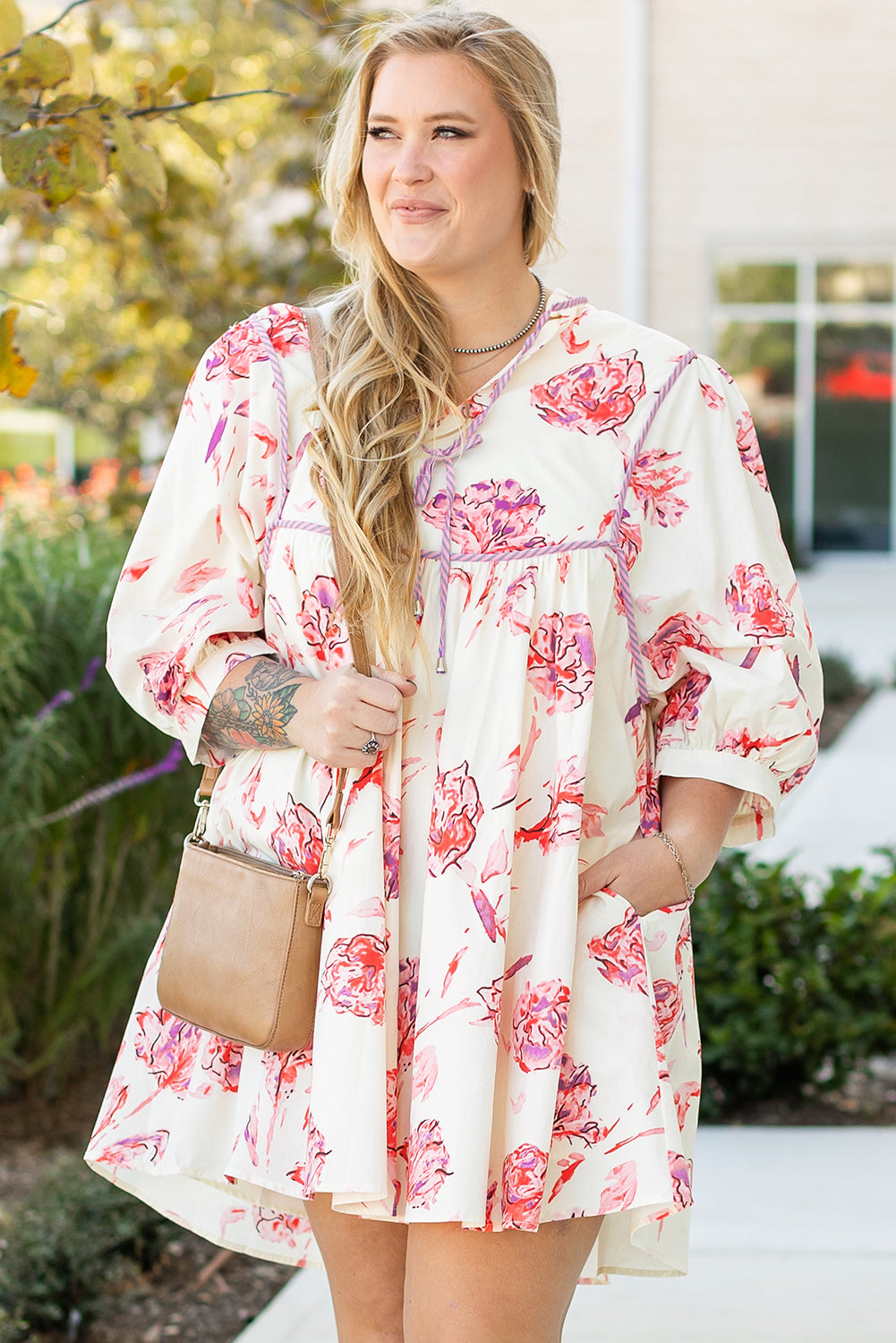 White Floral Print V Neck Plus Size Mini Dress