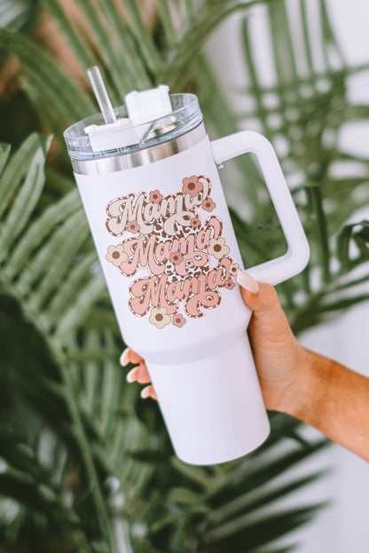 Taza de vaso con aislamiento de acero inoxidable con estampado de leopardo y flor de mamá blanca de 40 oz