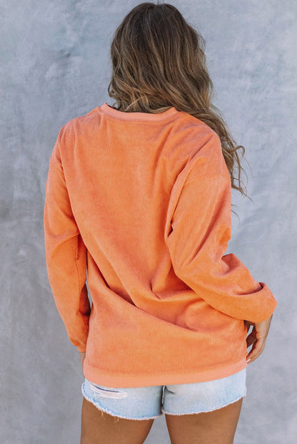 Orange Pumpkin Letter Print Oversized Crinkle Rib Sweatshirt