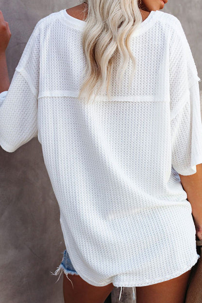 White Waffle Knit Casual Drop Shoulder Loose Top