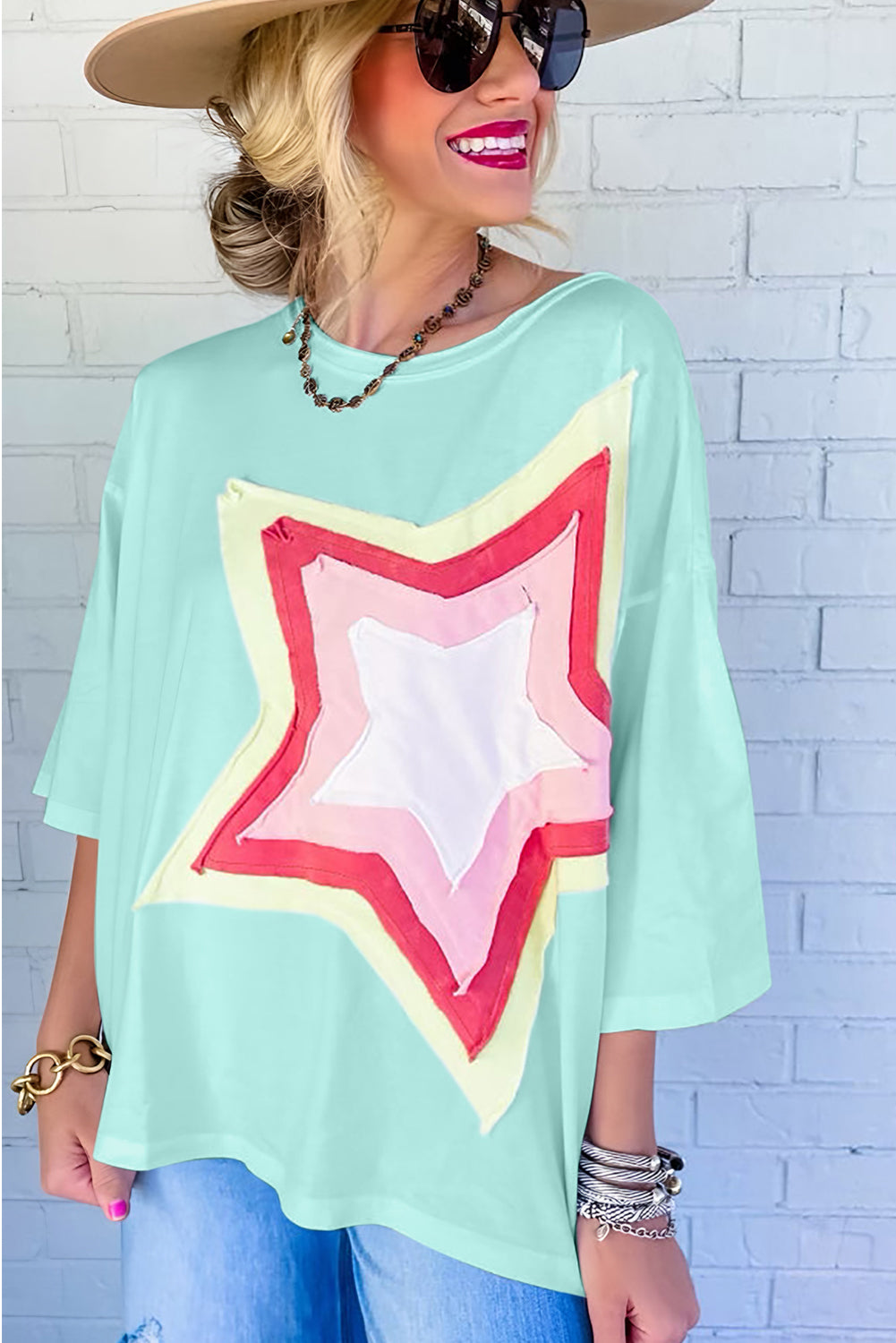 White Colorblock Star Patched Half Sleeve Oversized Tee