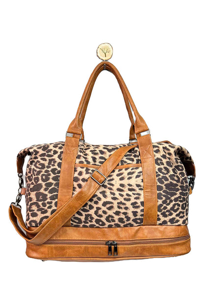 Bolso de lona grande con cremallera y patchwork de cuero PU de leopardo