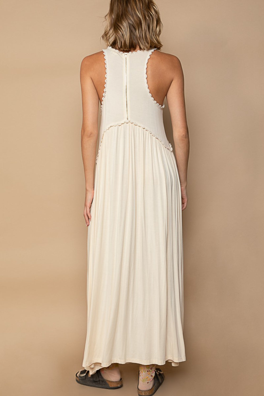 Cream Sleeveless Back Zipper Front Slit Maxi Dress