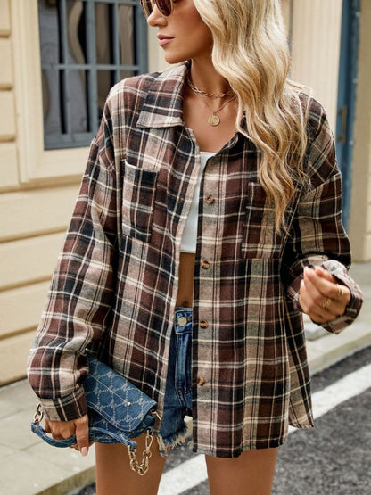 Plaid Collared Neck Long Sleeve Shirt