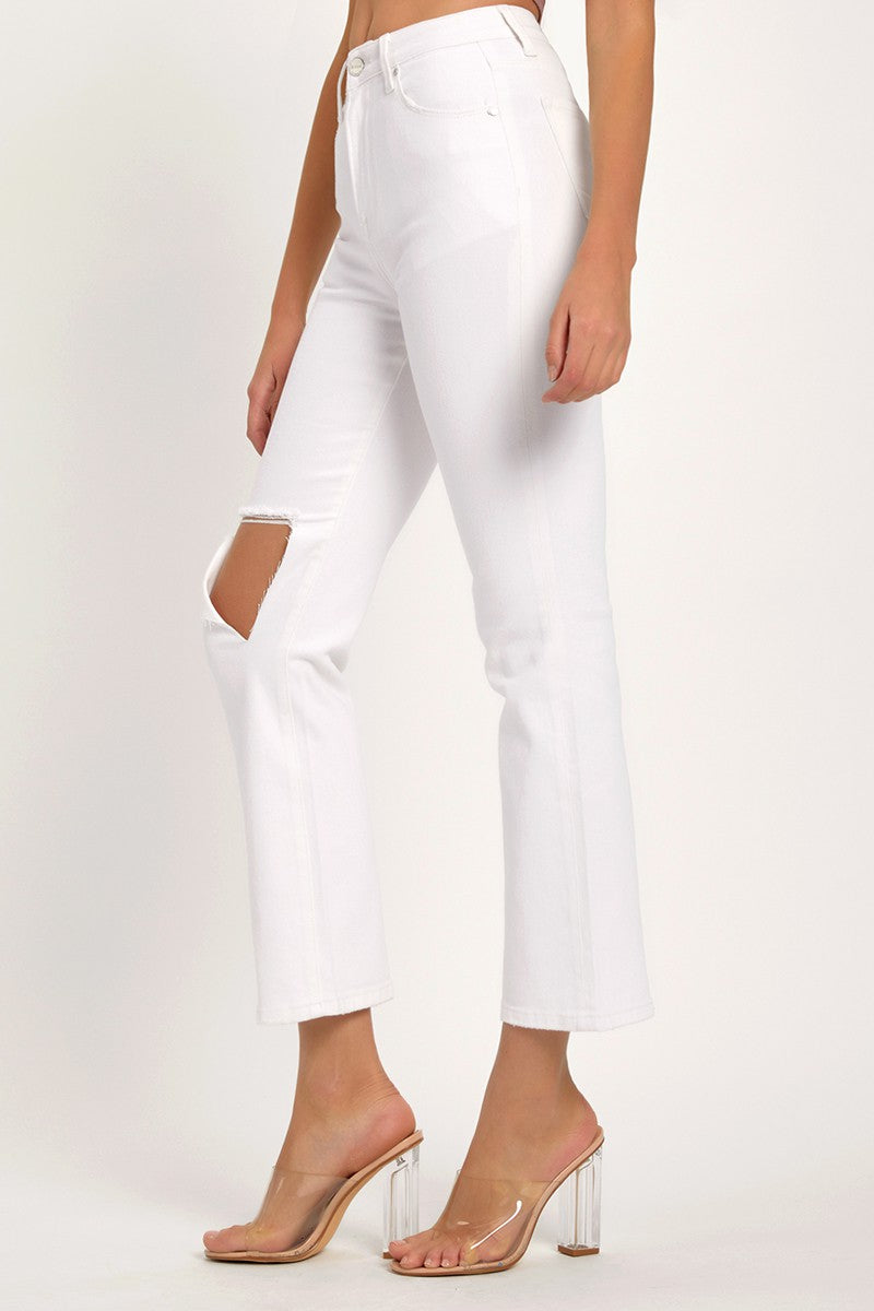 White Distressed Cropped Straight Jeans