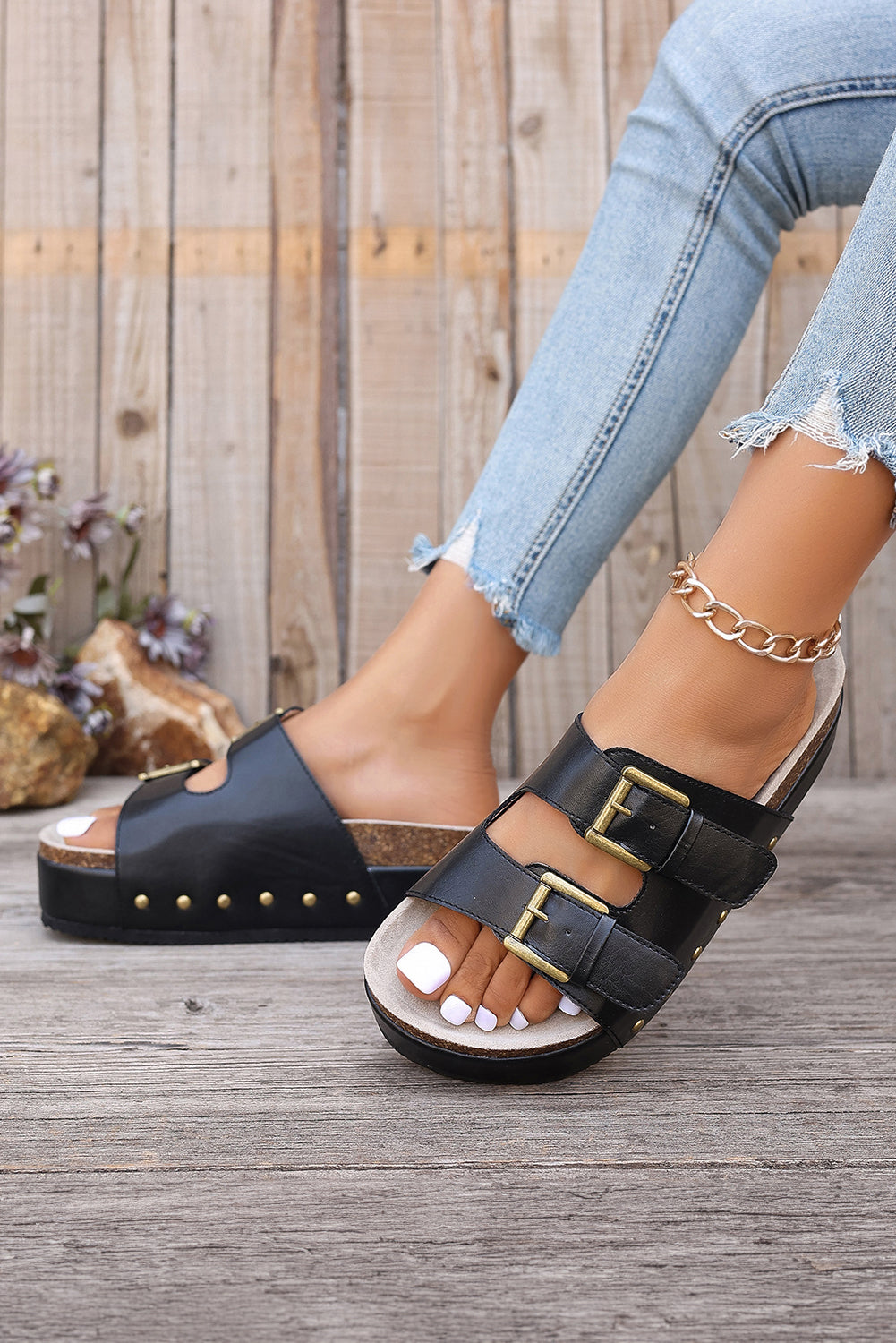 Chestnut Dual Buckle Studded Vintage Platform Sandals