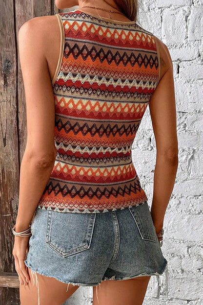 Orange Boho Striped Knitted Sleeveless Tank Top