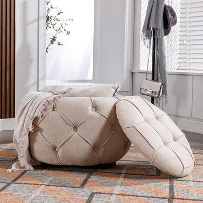 Beige Large Button Tufted Woven Round Storage Footstool