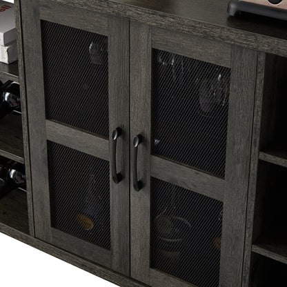 Black Gray Industrial Wine Bar Cabinet w/ Wine Racks & Stemware Holder