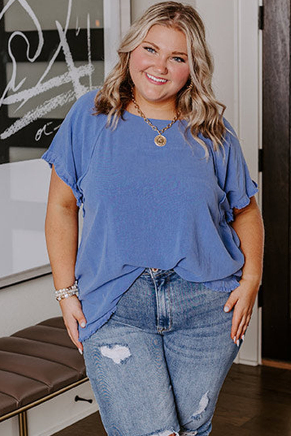 Blue Plus Size Short Sleeve Top